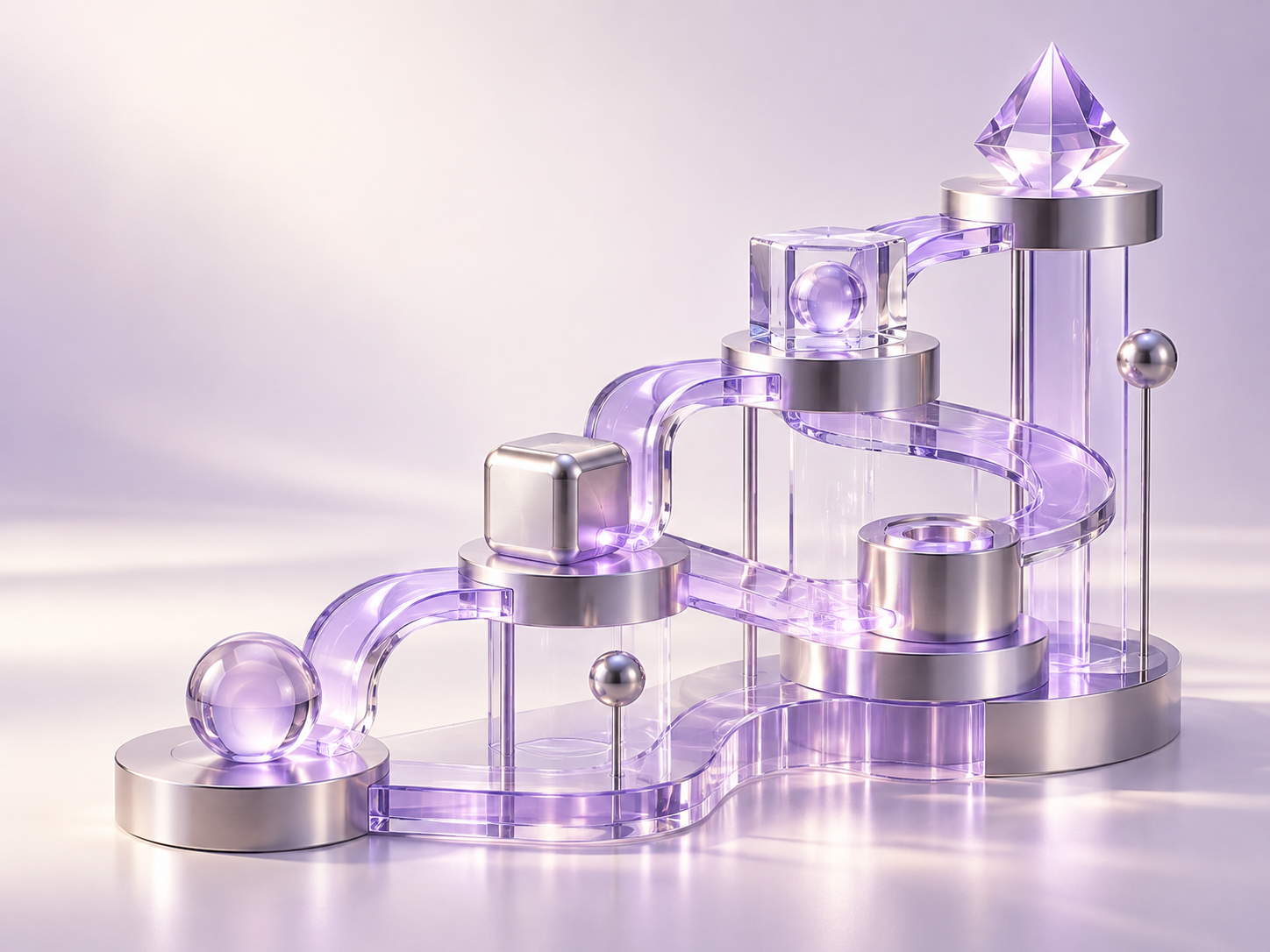 Translucent forms and connected pathways suggesting technology, experimentation and learning